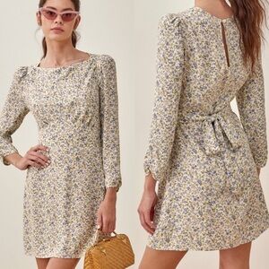 Reformation Tamra Dress Pixie‎ Floral Blue White Size 2 Tie Waist Mini Puff Boho